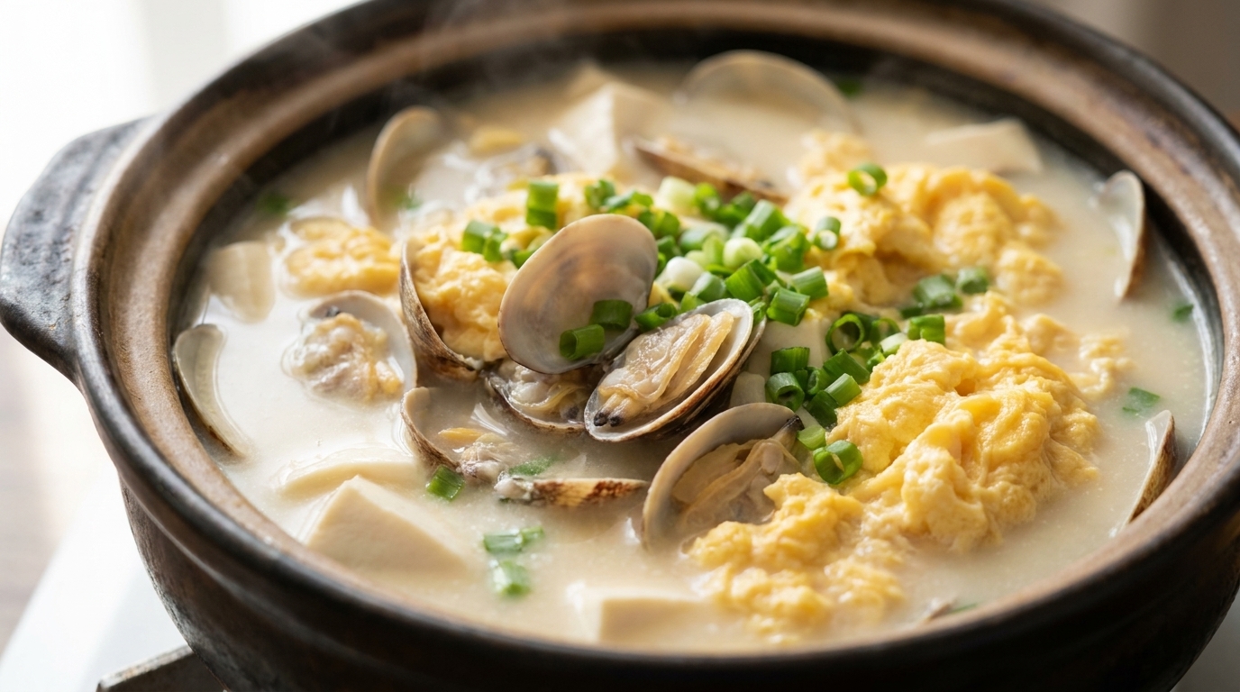 Soupe crémeuse aux palourdes, œufs et tofu