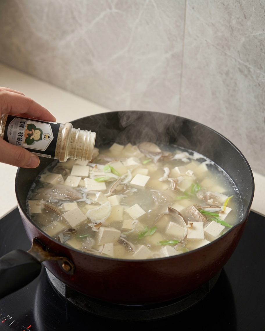 Ajout de bouillon de poulet en poudre à la soupe à laide dune petite cuillère.