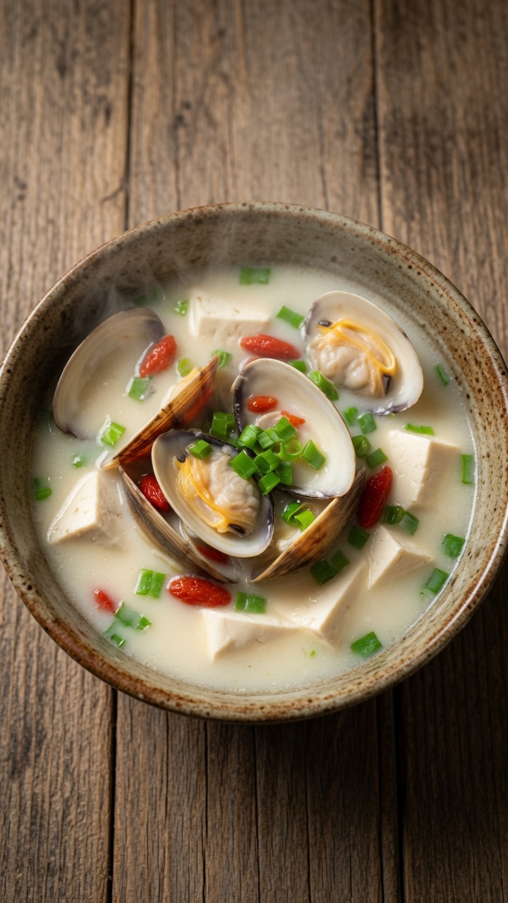 Soupe crémeuse au mérou, palourdes et tofu