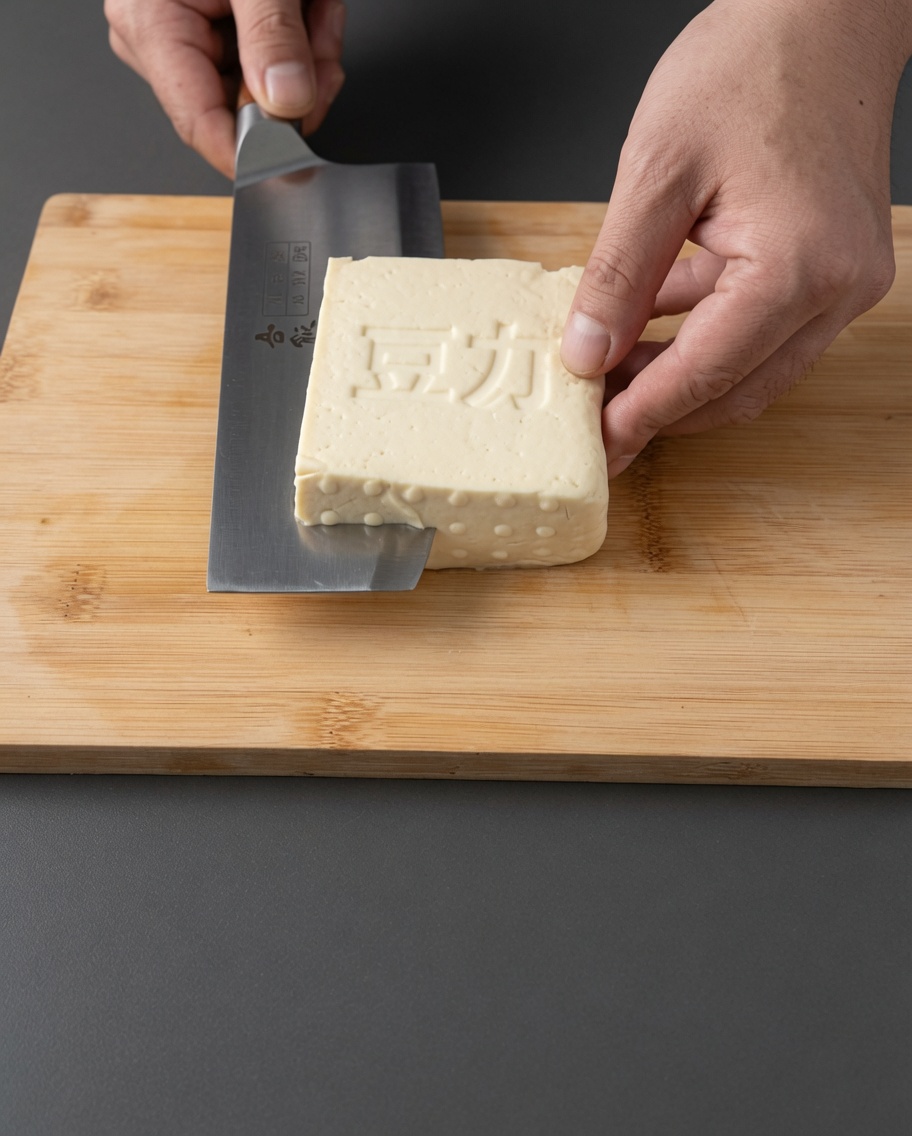 Un bloc de tofu ferme en cours de découpe en cubes réguliers sur une planche en bois.