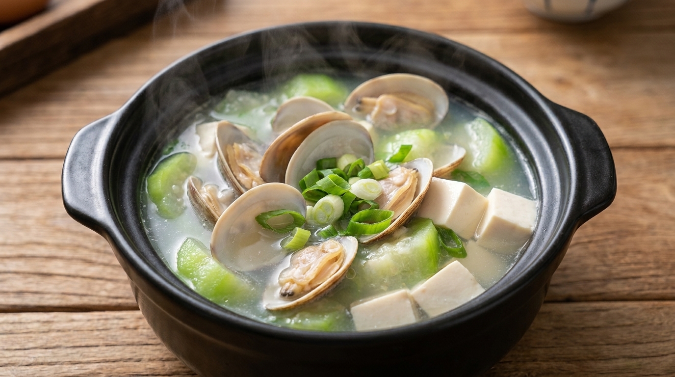 Un bol de soupe claire de luffa, palourdes et tofu, garni de palourdes fraîches et de morceaux de luffa tendre.