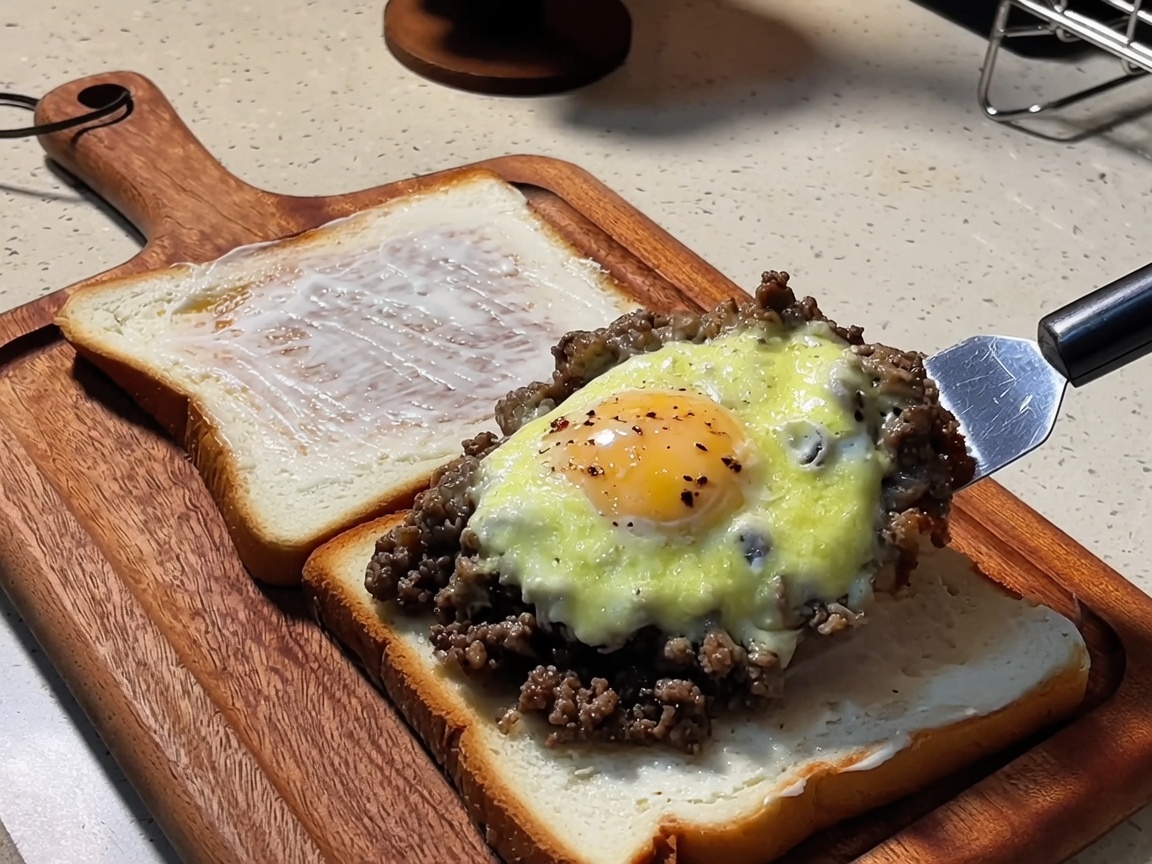 Une spatule déposant le mélange bœuf-fromage-œuf sur une tranche de pain grillé.