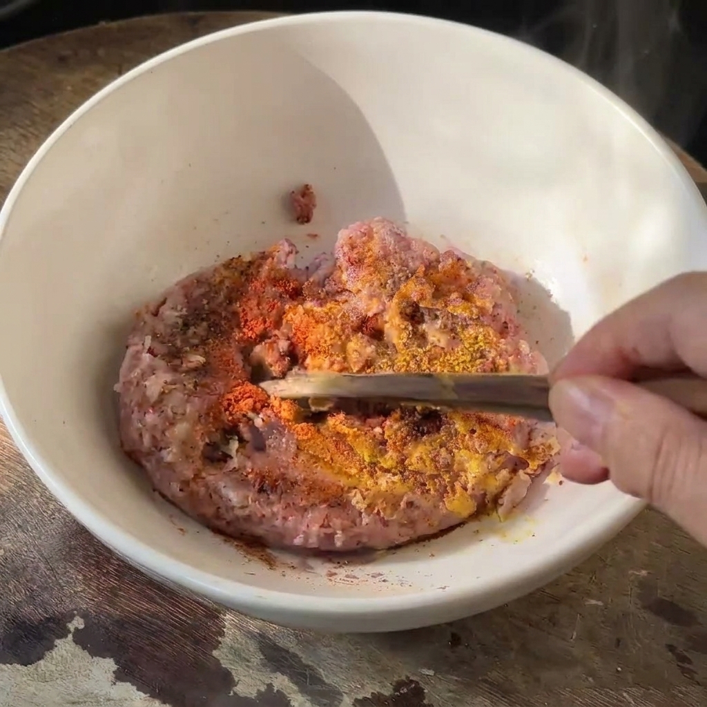 Bœuf haché cru dans un bol blanc assaisonné avec du paprika rouge et des épices à laide de baguettes.