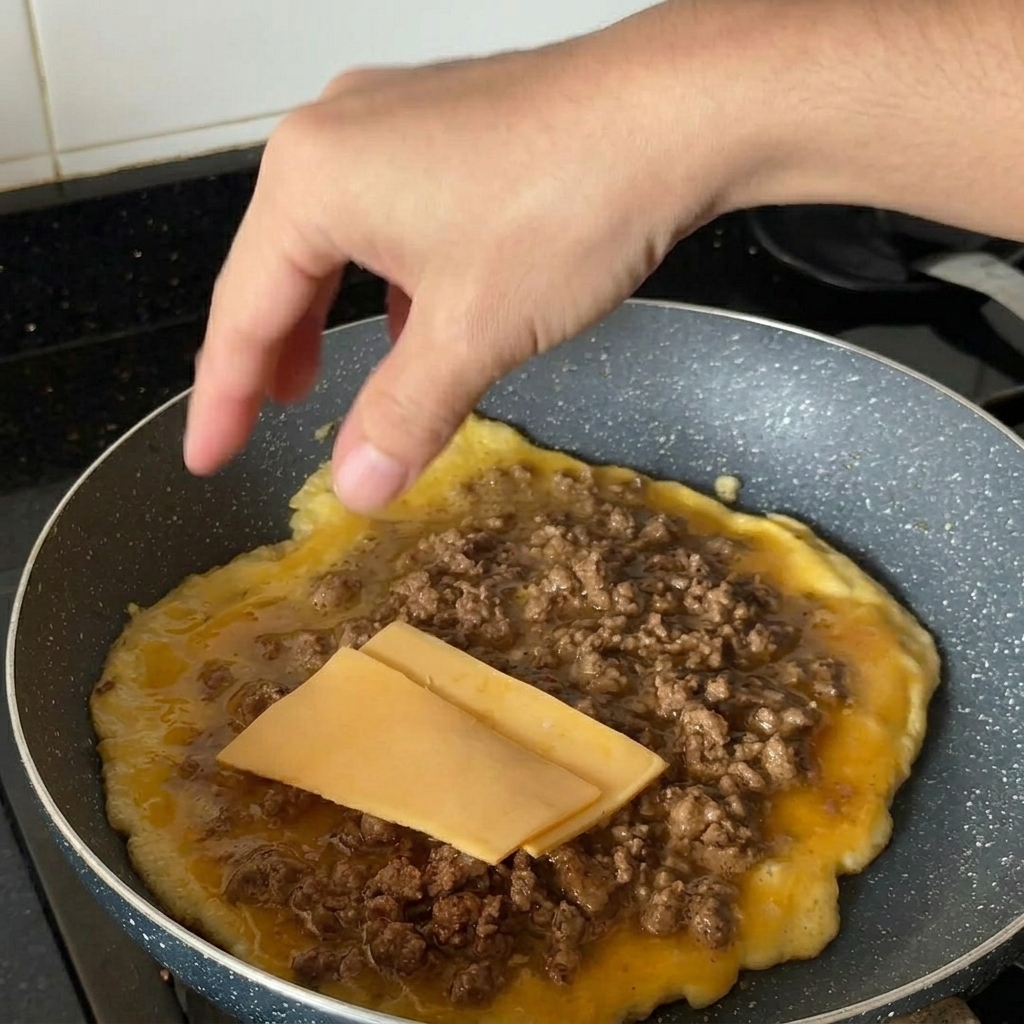 Une main plaçant deux tranches rectangulaires de cheddar jaune sur le mélange chaud de bœuf et dœuf dans une poêle.
