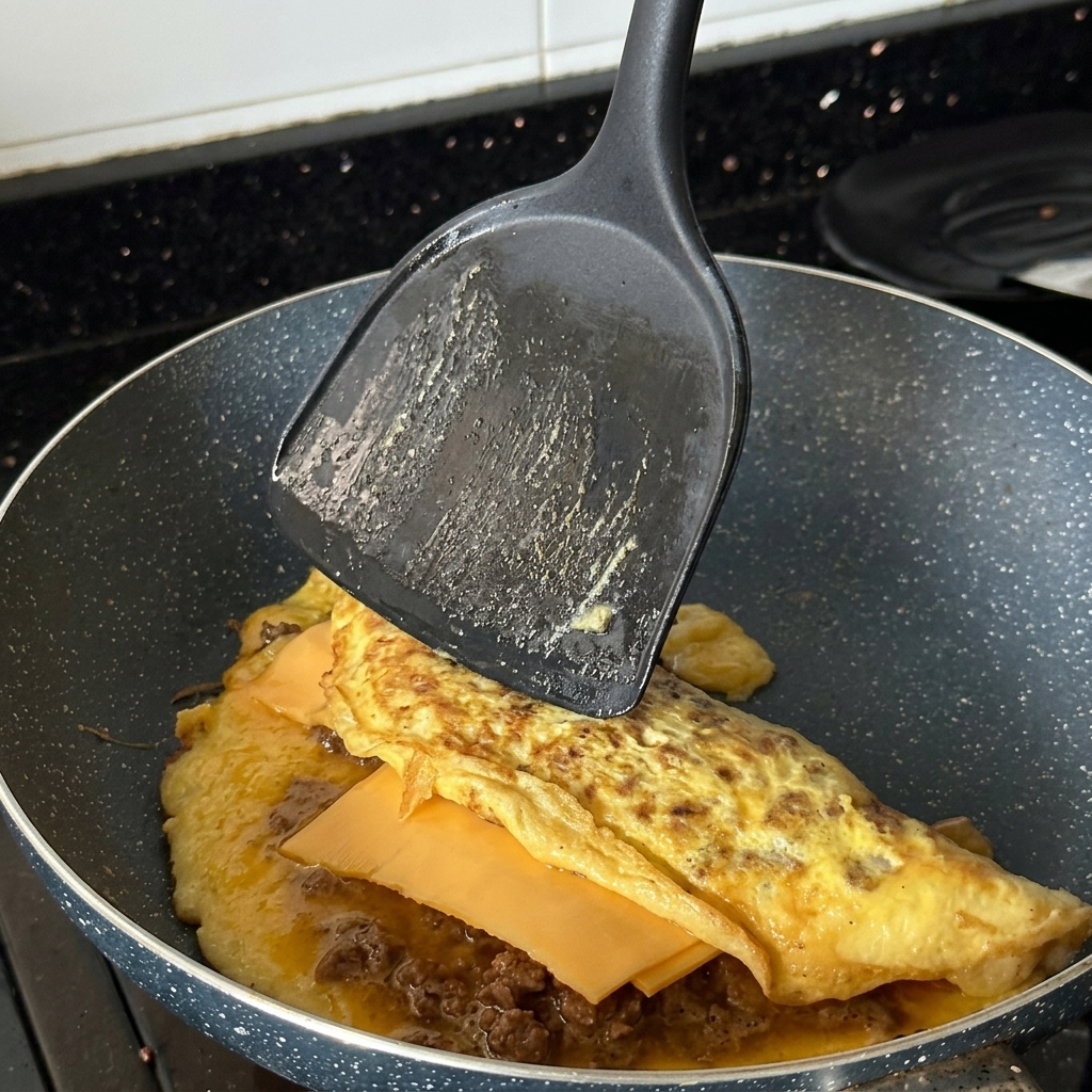Une spatule noire soulevant et pliant une omelette dorée aux œufs et au bœuf en deux dans une poêle chaude.
