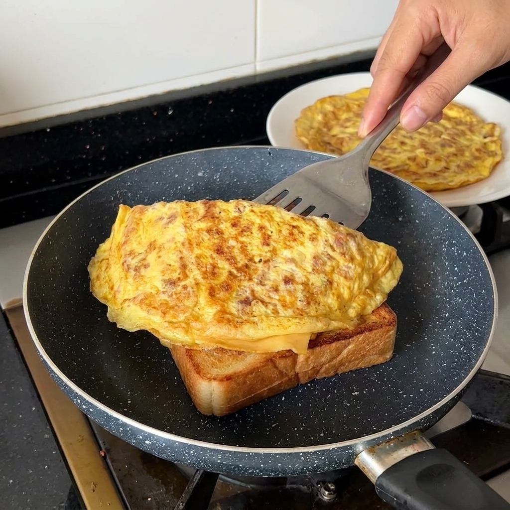 Une main utilisant une spatule pour placer soigneusement une épaisse omelette pliée aux œufs et au bœuf sur une tranche épaisse de pain grillé reposant dans une poêle.