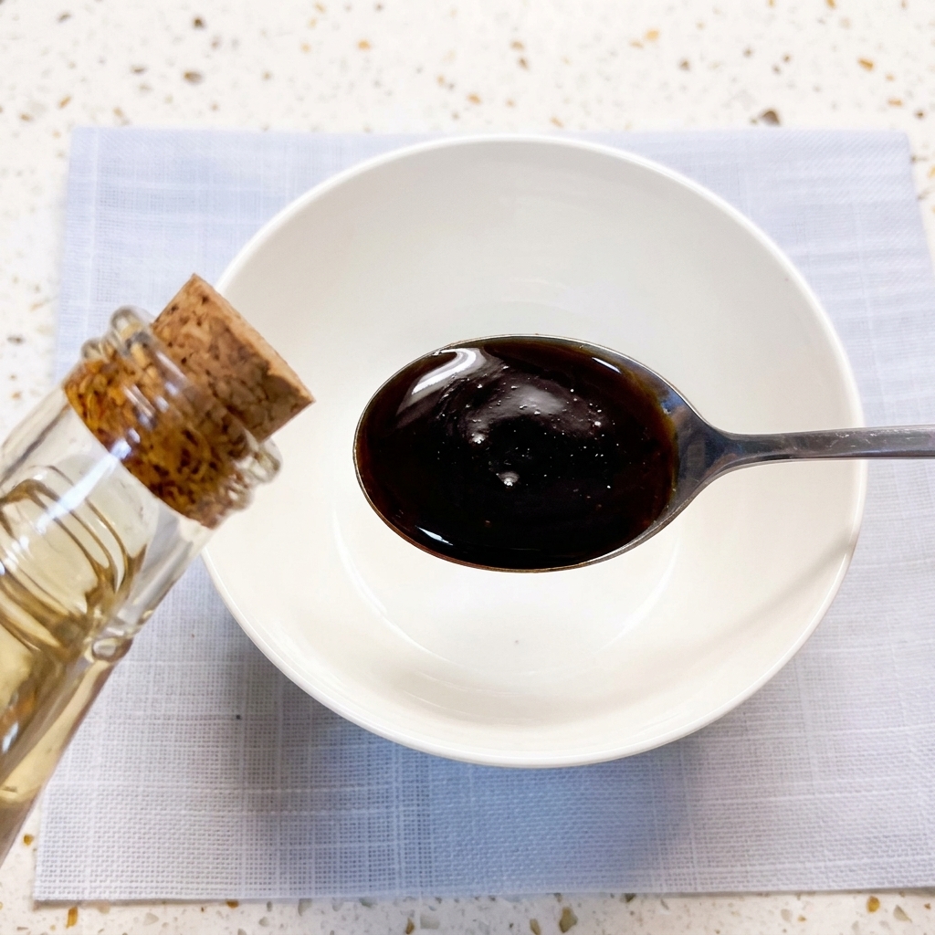 Ingrédients mesurés et mélangés dans un bol blanc pour créer la sauce de base.