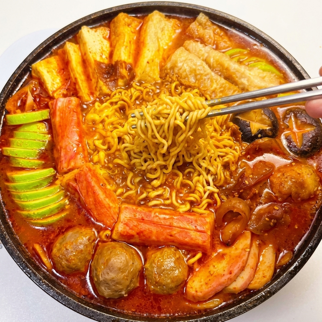 Une variété dingrédients colorés (tofu, boulettes, crabes, courgette) disposés proprement sur une base daromates.