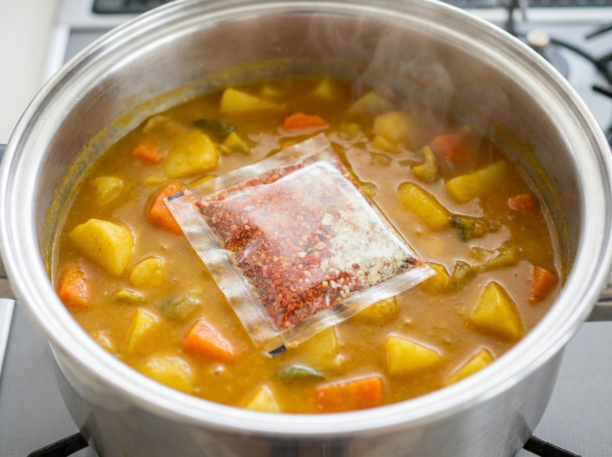 Sachet dassaisonnement pour ramen versé dans la marmite de ragoût de kimchi.