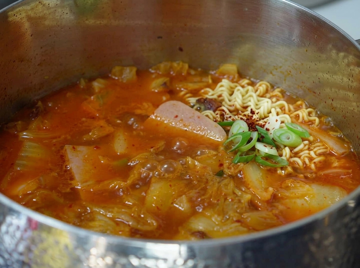 Deux blocs de nouilles ramen sèches placés dans le ragoût rouge et épicé.