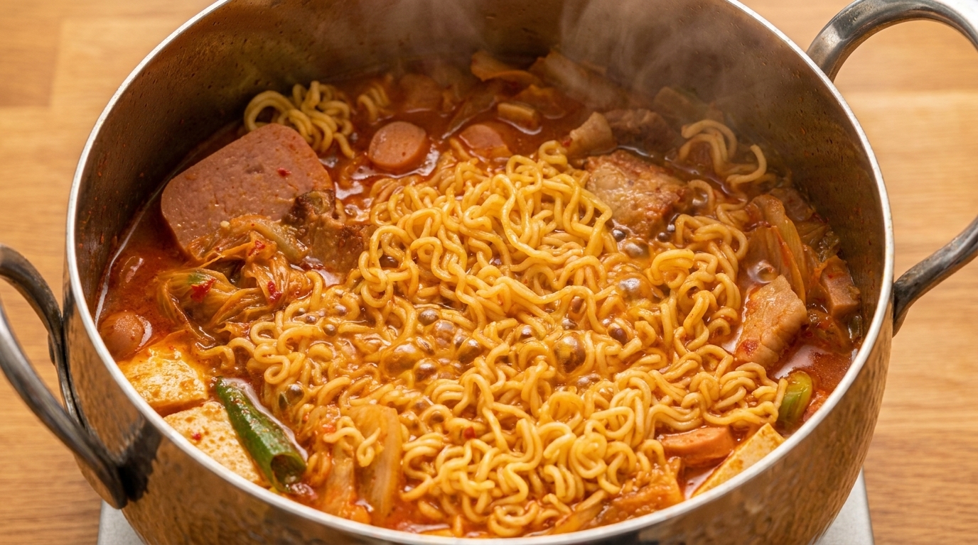 Une marmite bouillonnante de ragoût militaire au kimchi, garnie de nouilles ramen, de spam, de saucisse et de poitrine de porc.