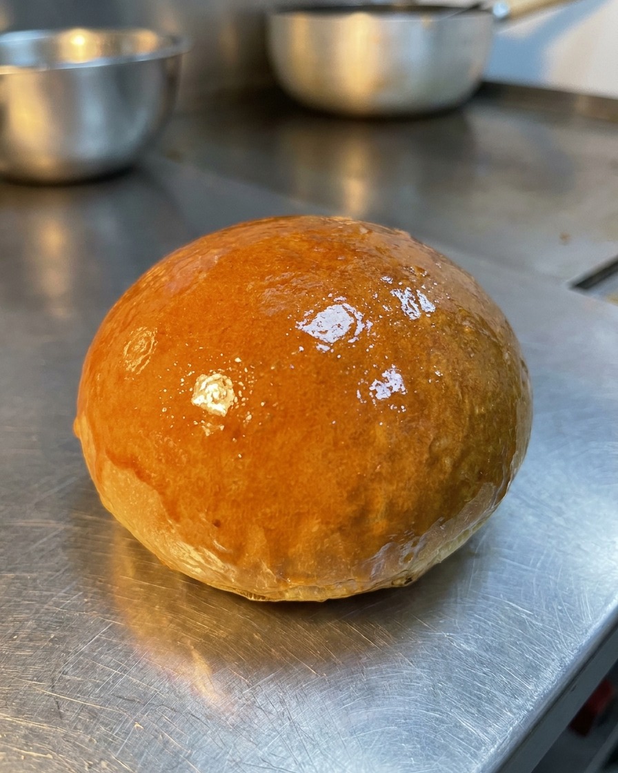 Un pain burger coupé en deux grillé sur une plancha, montrant une surface dorée et beurrée.