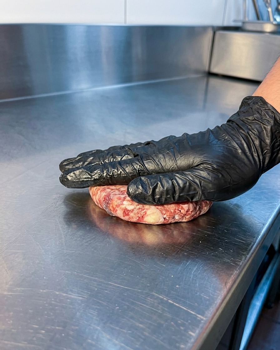 Une main gantée pressant un steak de bœuf cru sur une plancha en acier inoxydable.