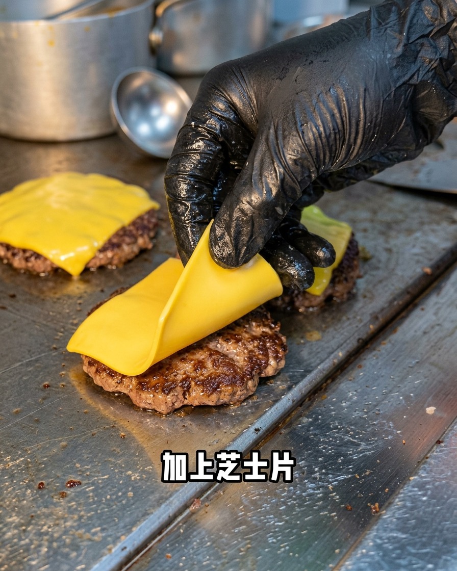 Une tranche de fromage jaune posée sur un steak de bœuf en train de griller.
