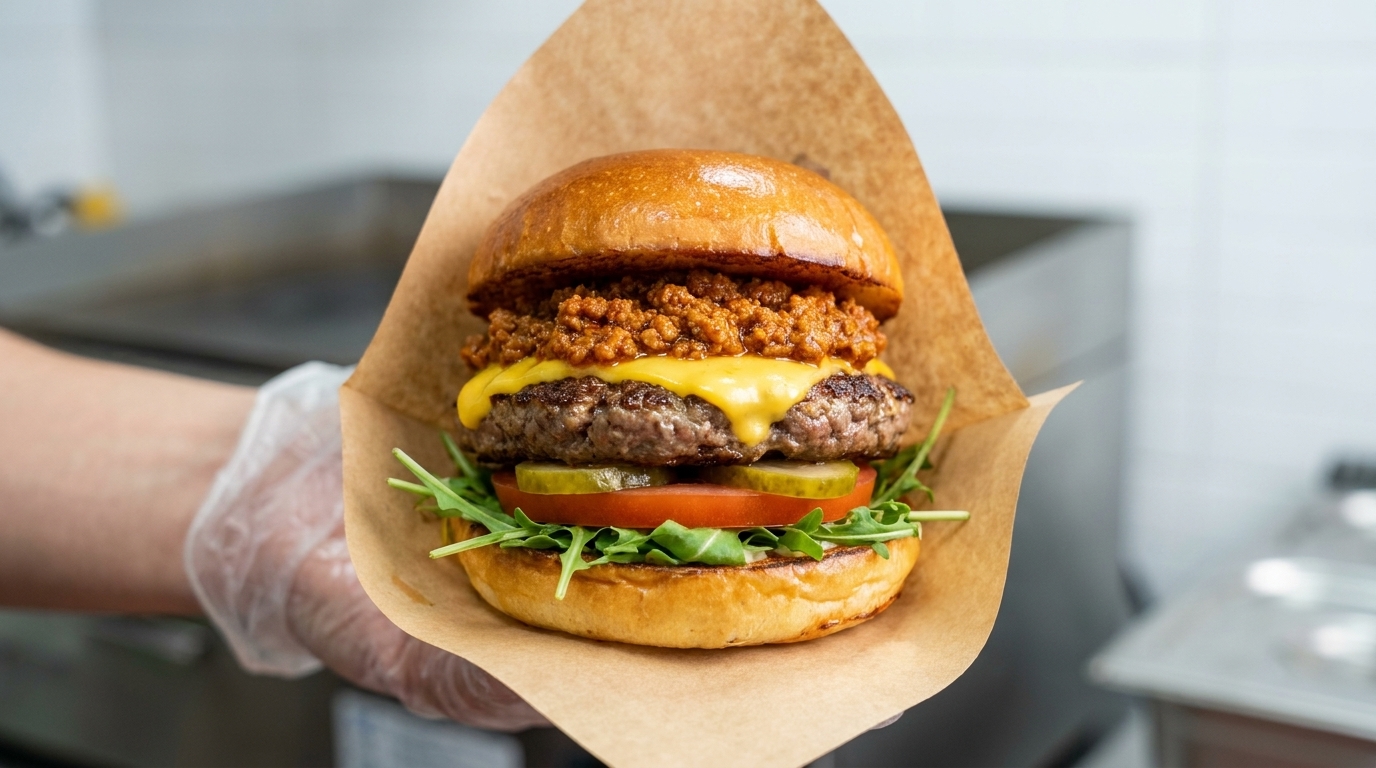 Un burger gourmand à la sauce viande épicée, steak saisi, fromage fondu et garnitures fraîches.