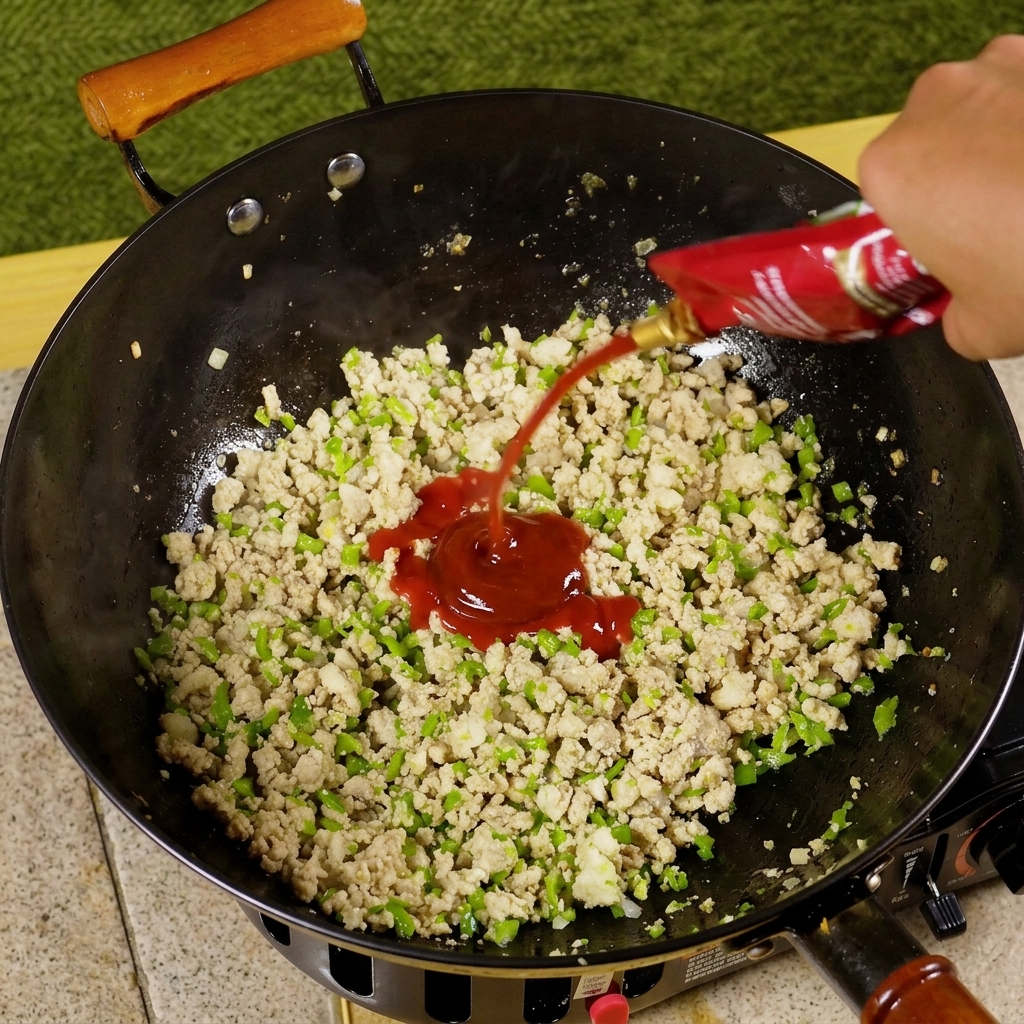 Concentré de tomate et épices ajoutés à la viande et au piment.