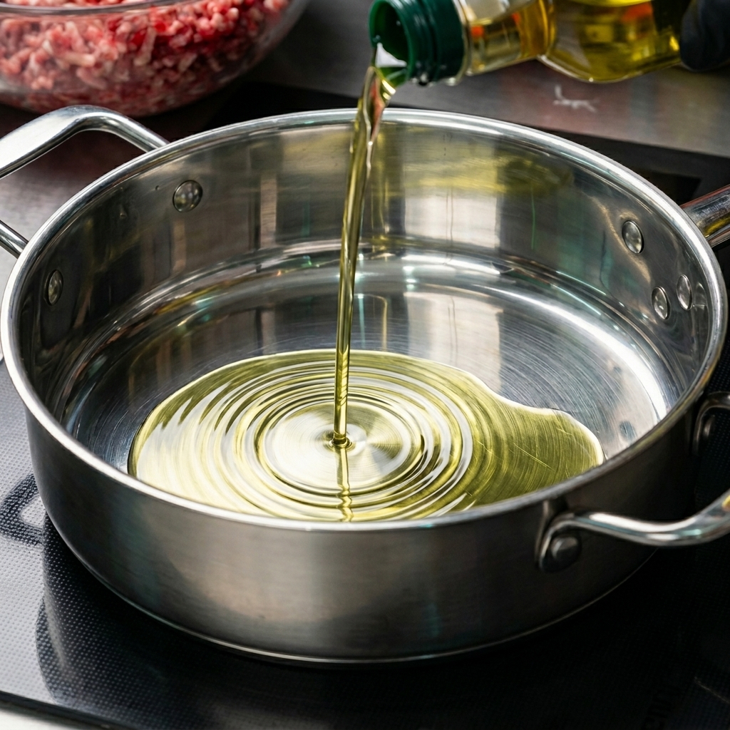 Huile dolive versée dans une poêle en inox propre et vide sur une plaque de cuisson.