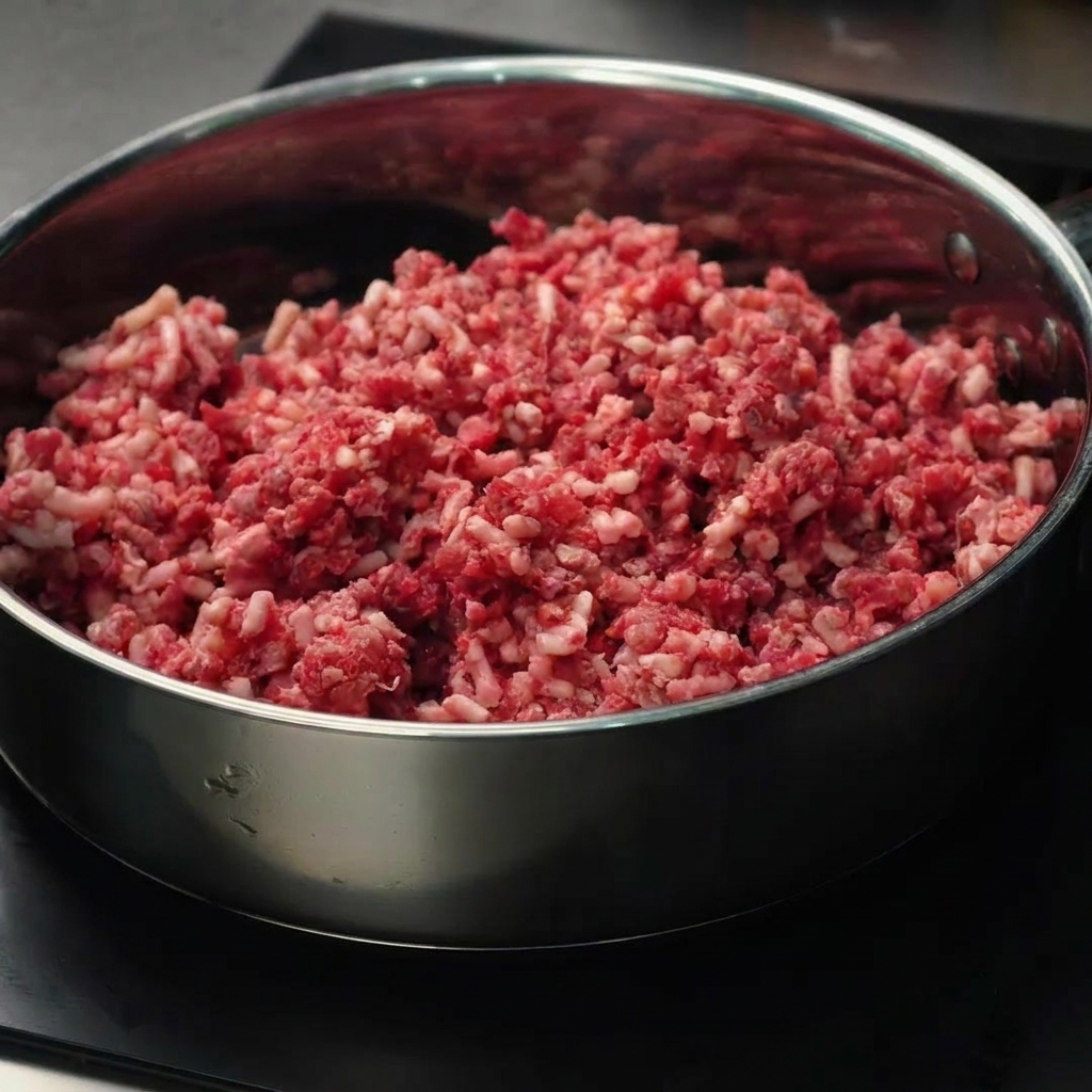 Bœuf haché remué dans une poêle jusquà ce quil soit doré et cuit.