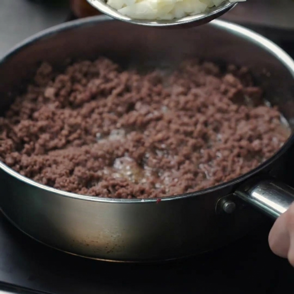 Oignon en dés et ail haché ajoutés dans la poêle avec le bœuf doré.