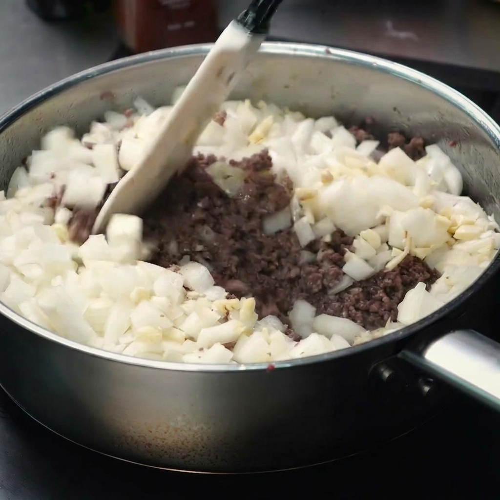 Bœuf haché et oignons en dés sautés ensemble dans une poêle.