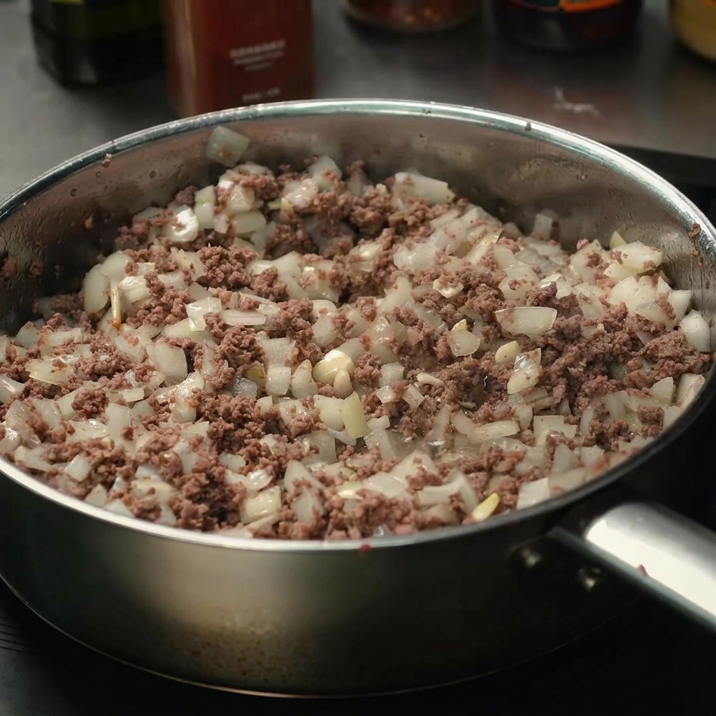 Ketchup ajouté dans la poêle contenant le mélange de bœuf et doignons cuits.