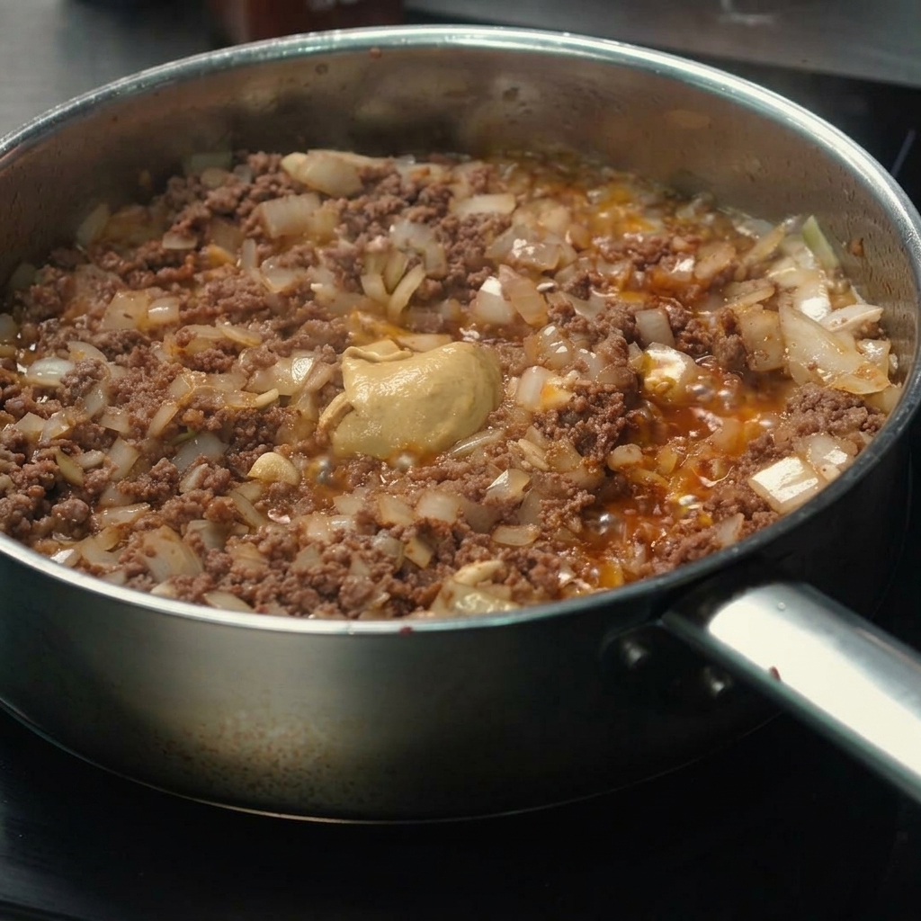Moutarde de Dijon incorporée dans le mélange de bœuf et doignon dans la poêle.