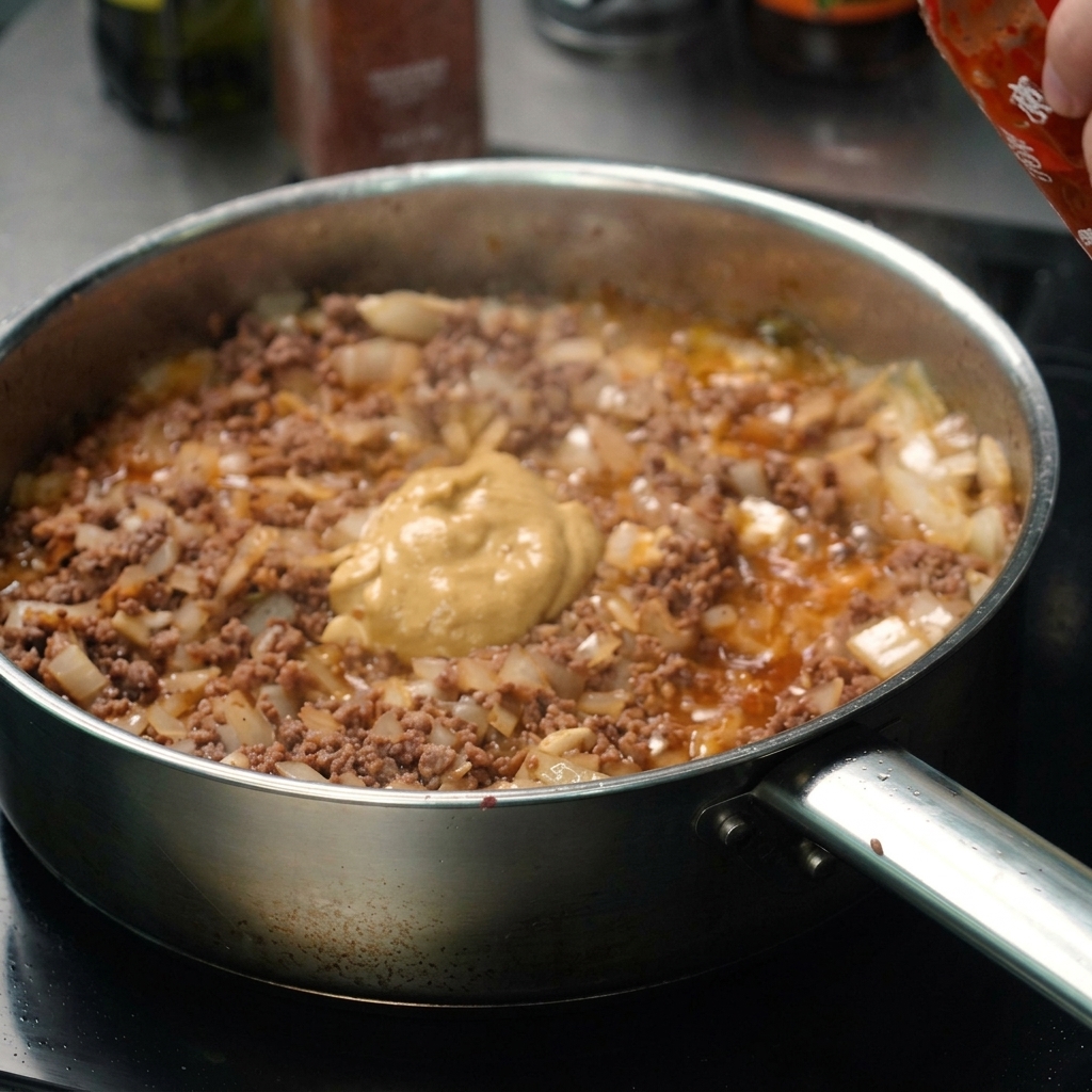 Sauce Sriracha pressée sur le mélange de bœuf et doignon en cuisson.