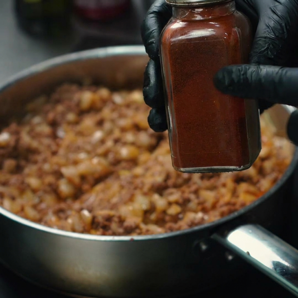Poudre de chili chipotle saupoudrée dans la poêle sur le mélange de bœuf.