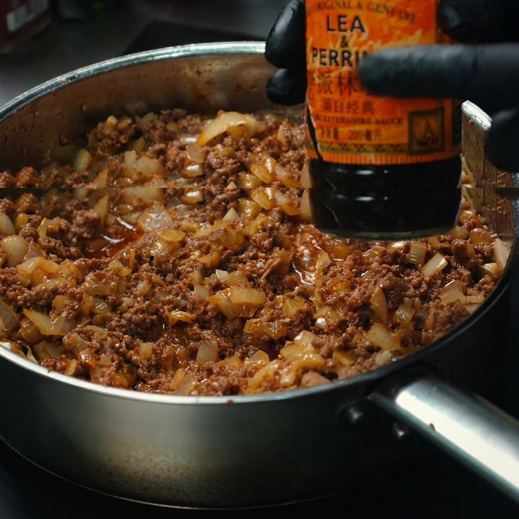 Sauce Worcestershire versée dans la poêle avec le bœuf haché assaisonné.