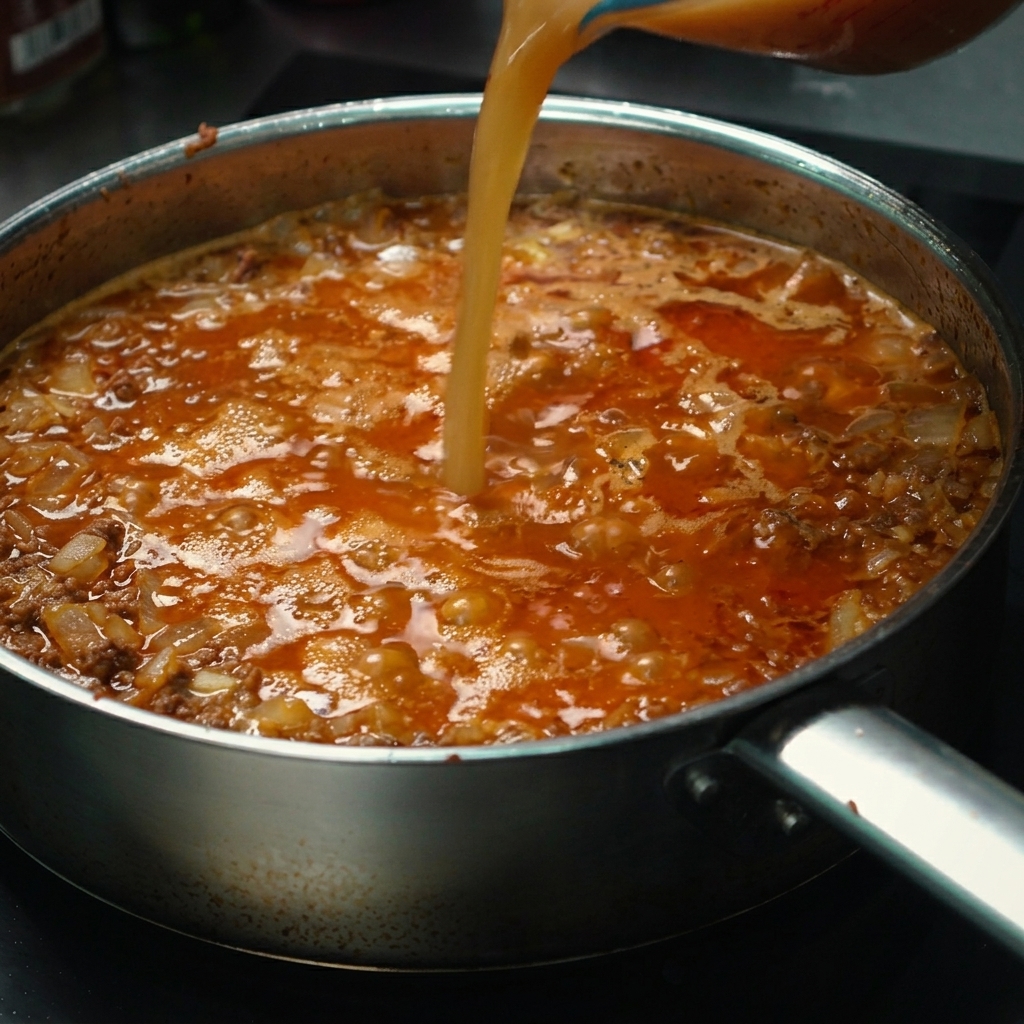 Bouillon de bœuf versé dans la poêle, prêt à mijoter avec le bœuf et les épices.