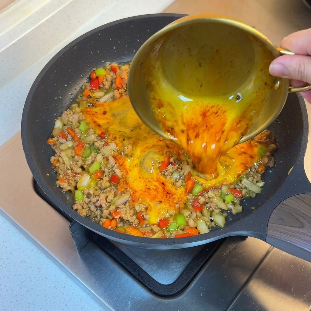 Œufs battus versés sur le mélange de viande et légumes.