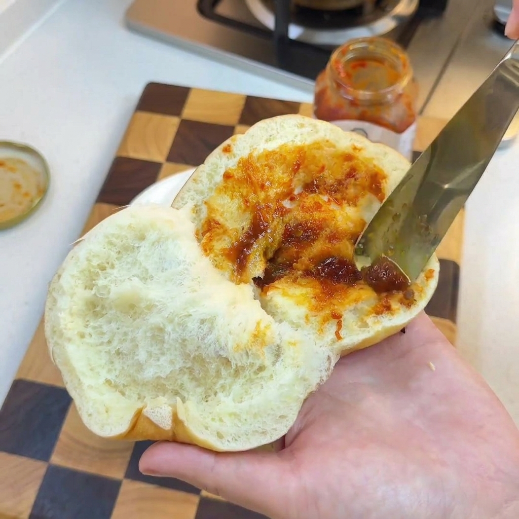 Pain à burger tartiné de sauce et de mayonnaise.