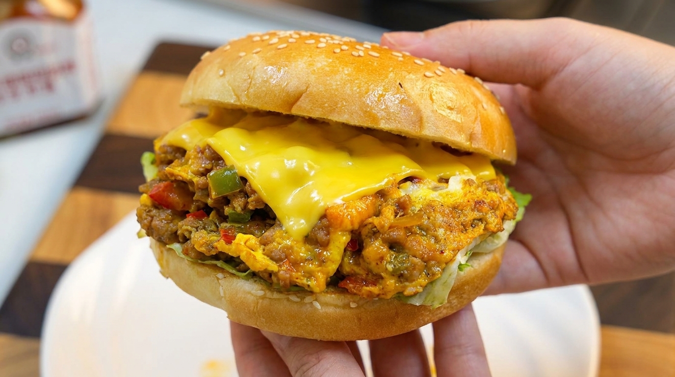 Burger aux œufs, viande hachée et poivron vert