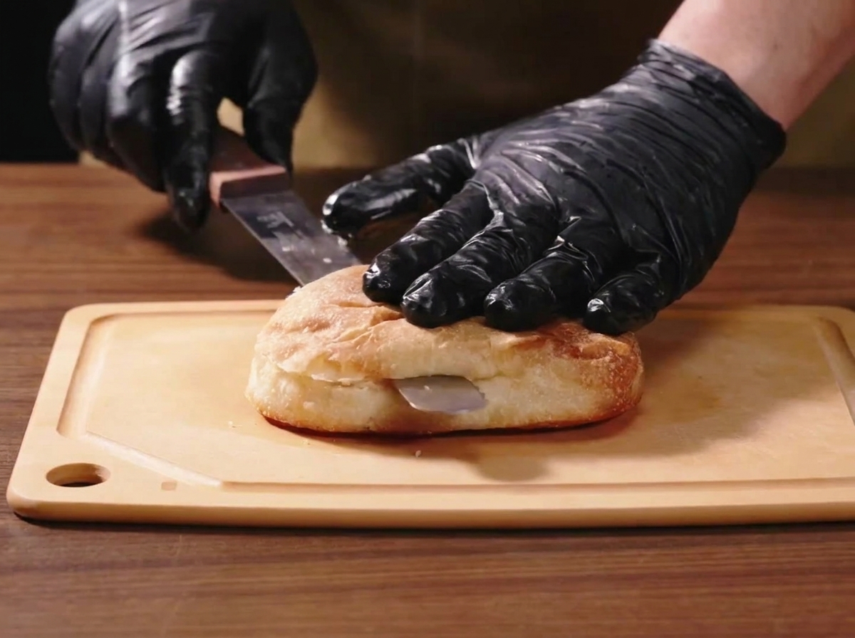 Des mains gantées utilisant un couteau à pain pour couper un panini en deux sur une planche à découper en bois.