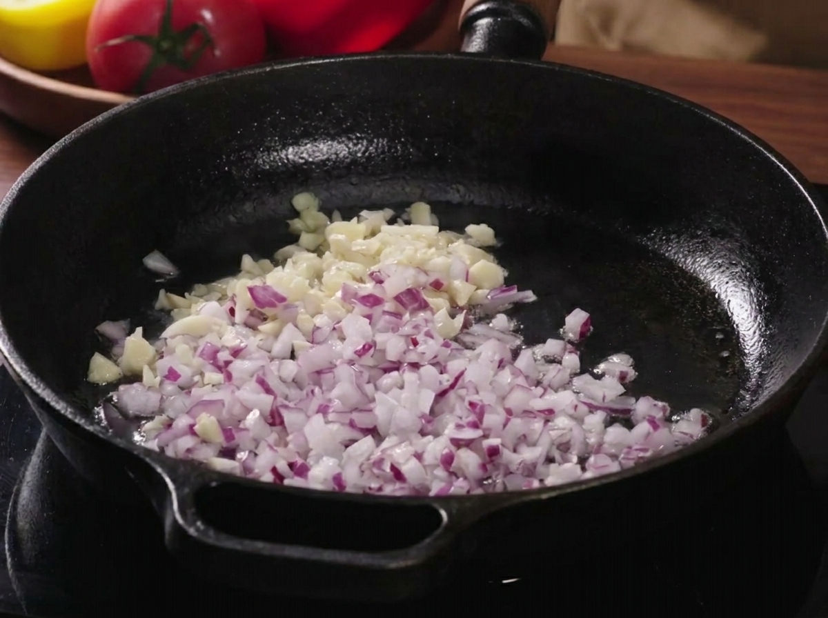 Porc haché en train de dorer dans la poêle avec les oignons et lail.