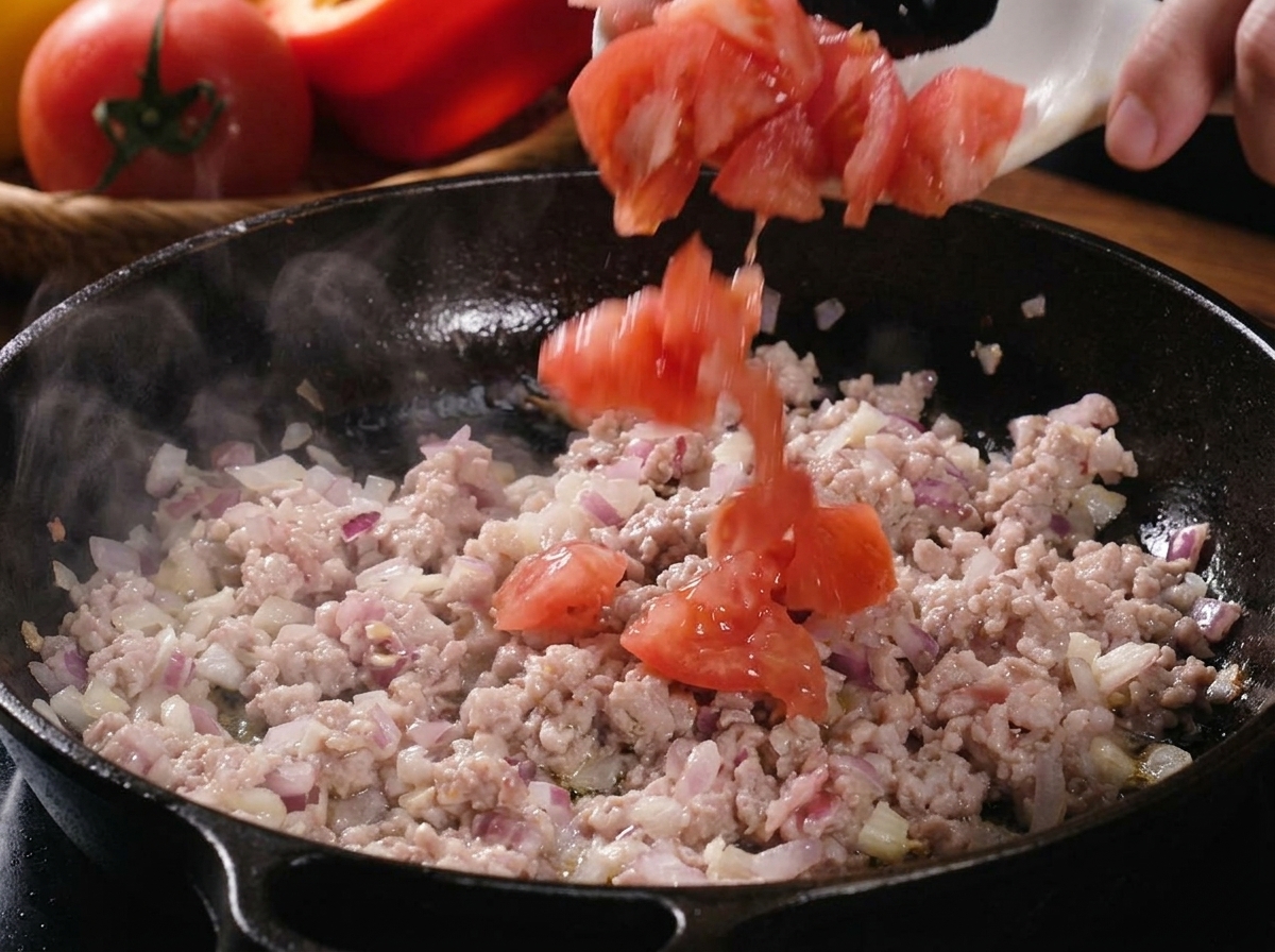 Tomates fraîches coupées et dés de poivrons ajoutés au mélange de porc dans la poêle.