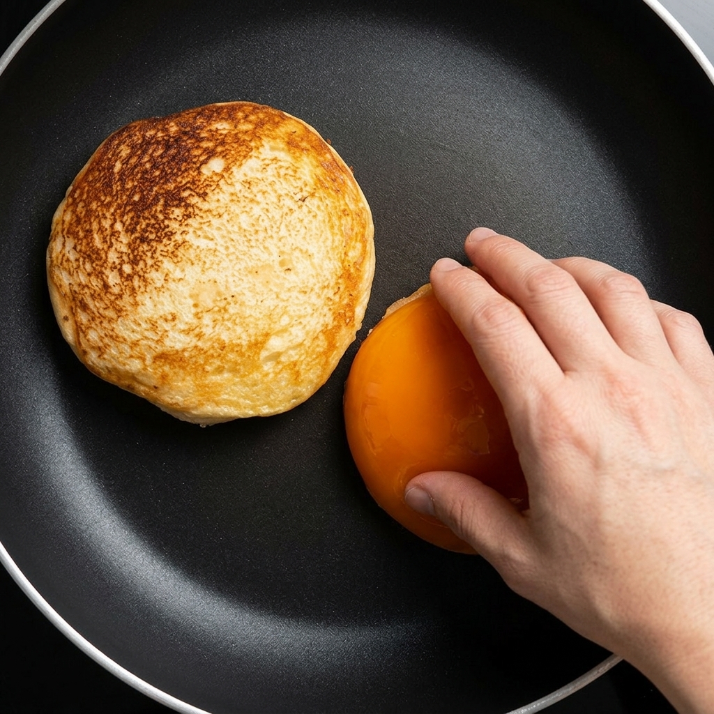 Les faces coupées des pains à burger dorées à la perfection dans une poêle.
