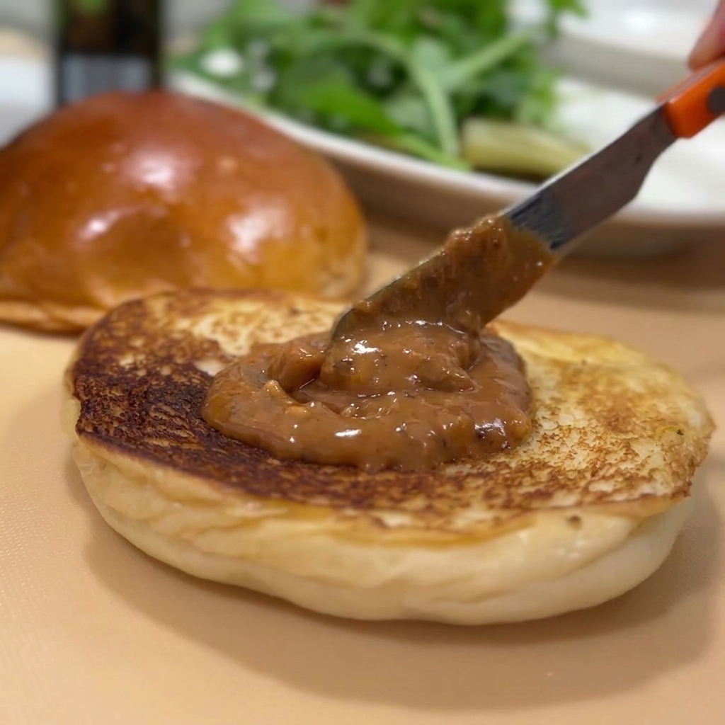 Un couteau étalant une épaisse sauce cacahuète brune sur la base du pain grillé.