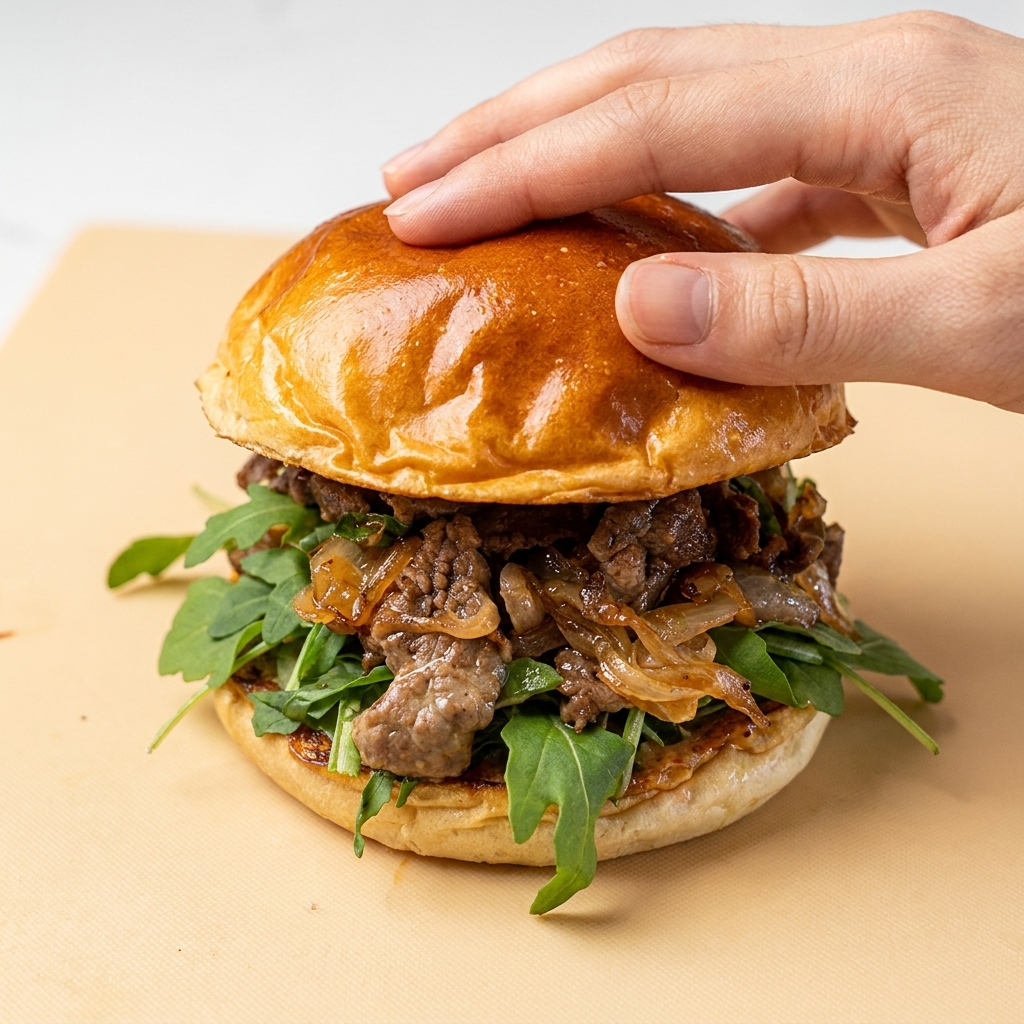 Une main posant délicatement le chapeau du pain sur le burger bien garni.