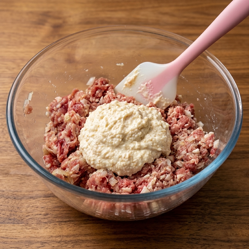Mayonnaise et chapelure sur le mélange de viande.