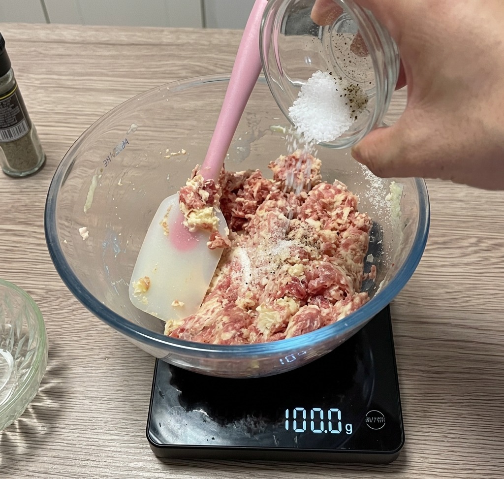 Assaisonnement de la viande sur une balance de cuisine.