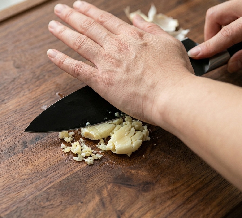 Gousses dail écrasées sous la lame dun couteau.