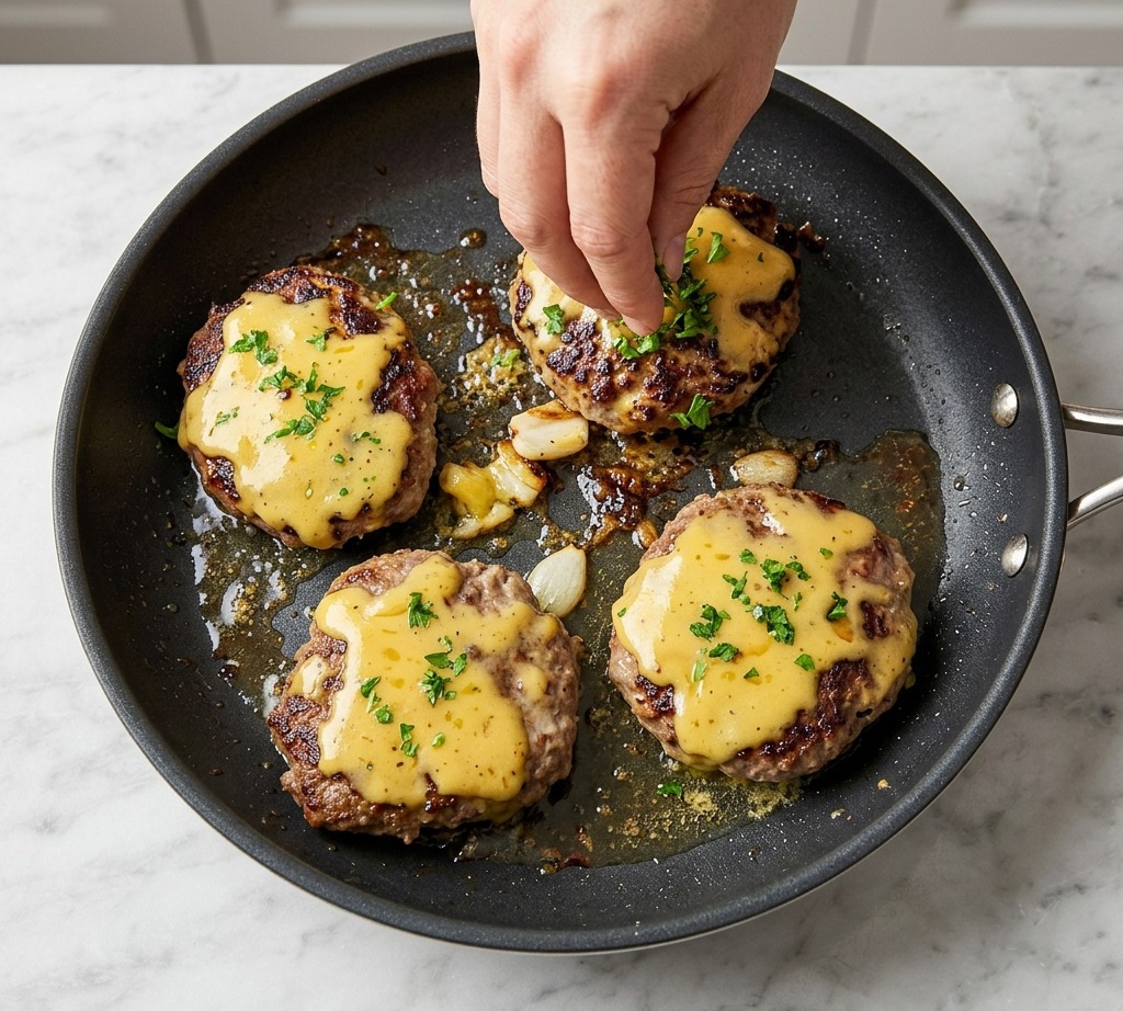 Steaks au fromage garnis de persil frais.