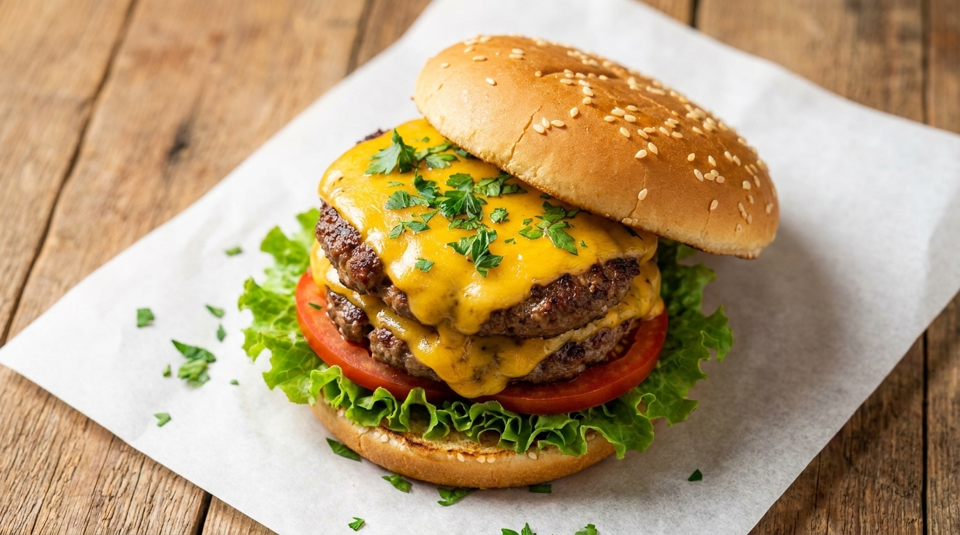 Un cheeseburger maison généreux avec des steaks parfaitement saisis, du cheddar fondant et des légumes croquants.