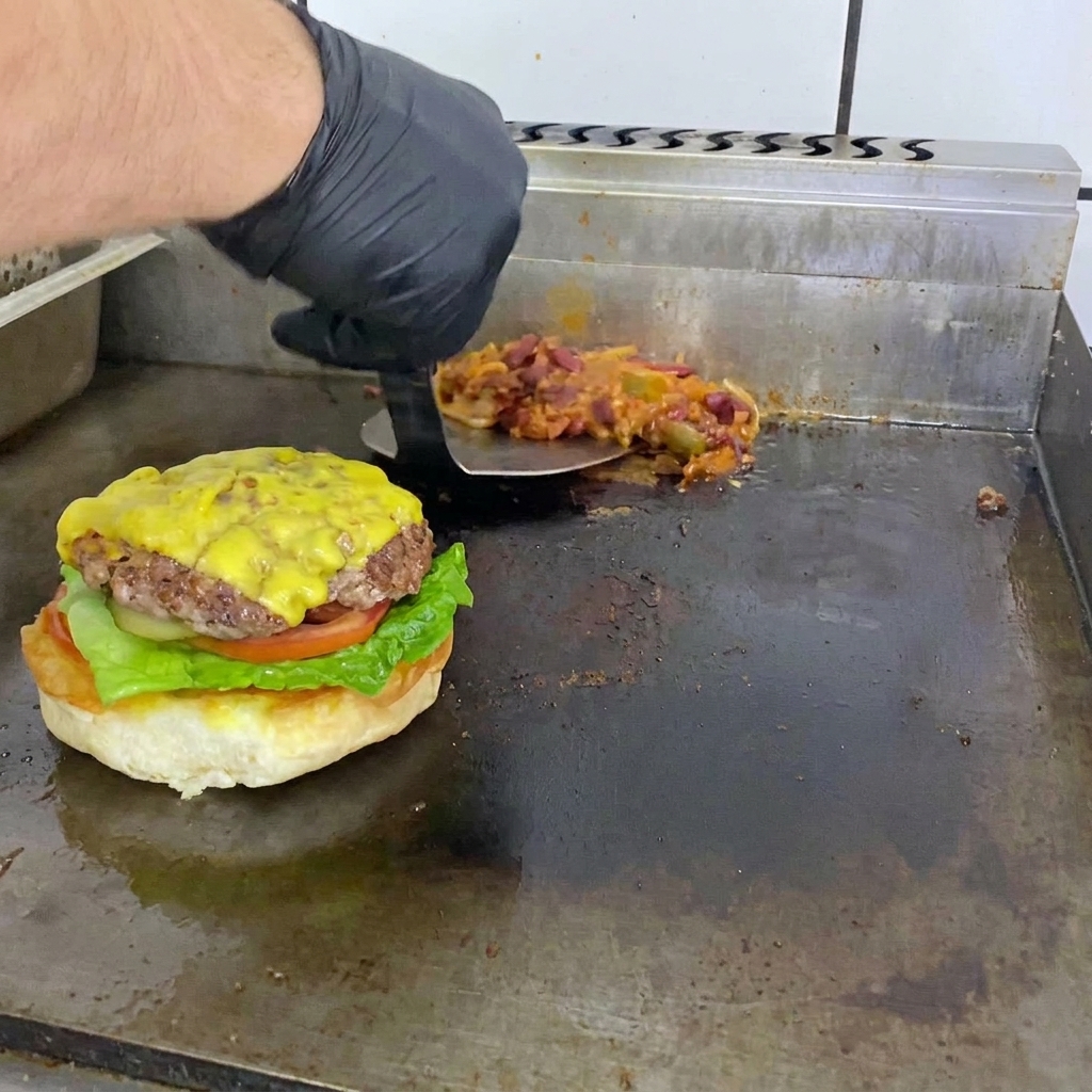 Un burger mexicain au chili terminé avec fromage fondu et sauce chili, prêt à servir.