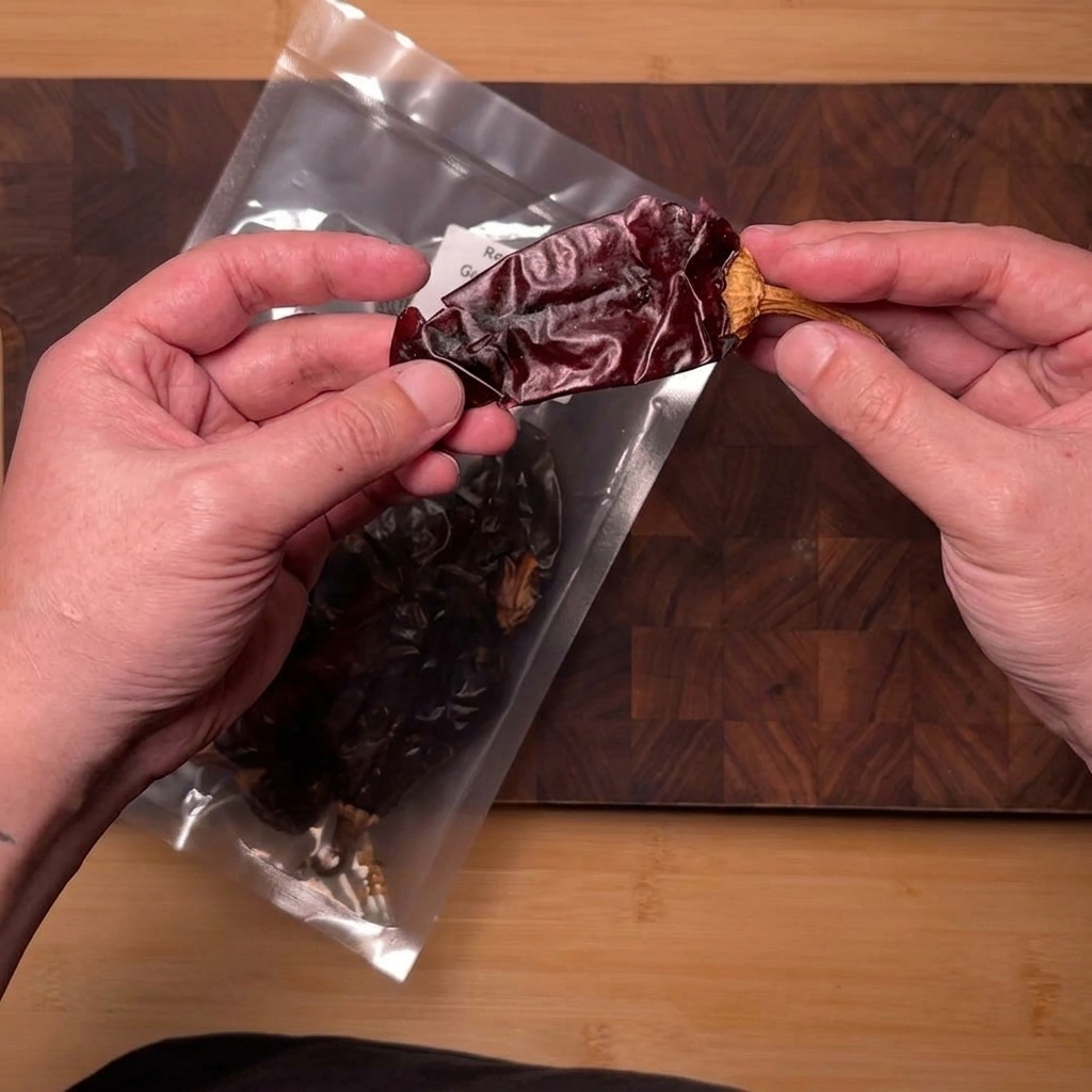 Piments Guajillo séchés coupés en petits segments avec des ciseaux au-dessus dun petit bol.