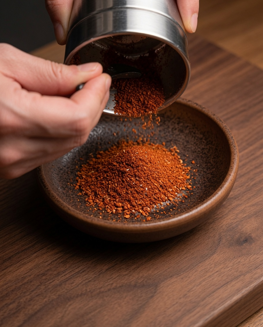Un moulin à épices versant de la poudre de piment rouge fraîchement moulue dans un petit bol.