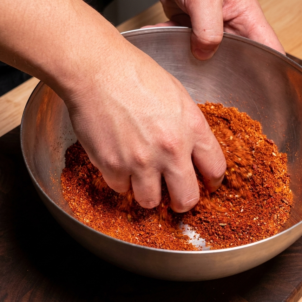 Viande de porc hachée mélangée avec des épices rouges et des assaisonnements dans un bol en métal.