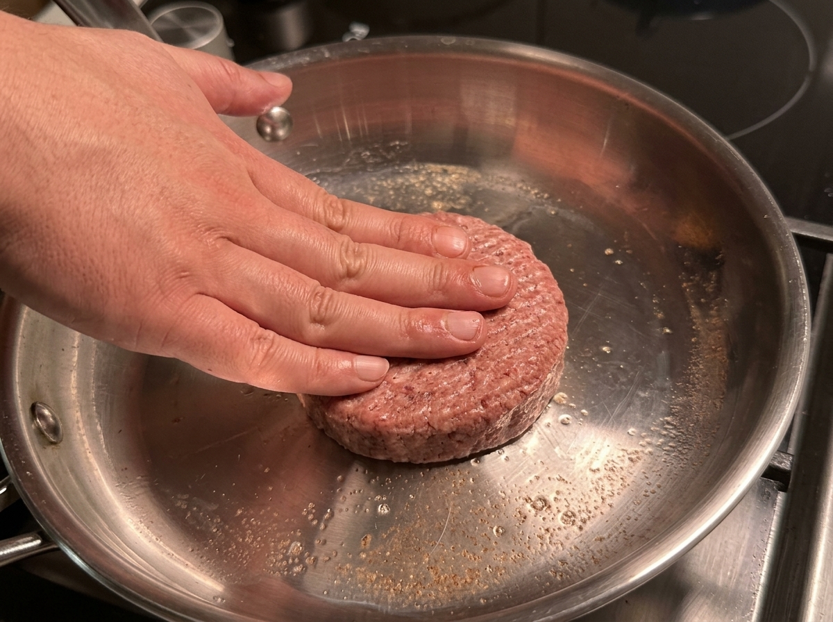 Un steak de bœuf pressé dans une poêle en acier inoxydable pour être saisi.