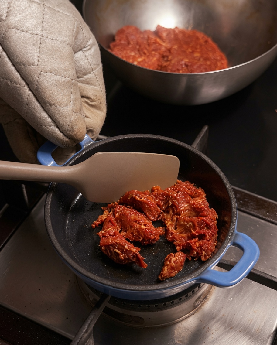 Mélange de viande de chorizo cuit et écrasé à la spatule dans une poêle bleue.